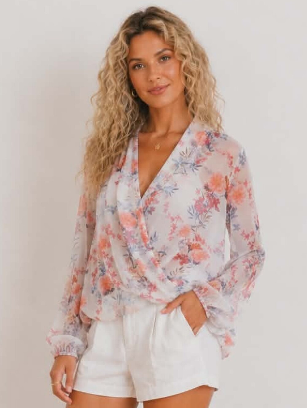 H&M Romantic Floral Surplice Blouse Semi Sheer Spring Cottage Garden Top